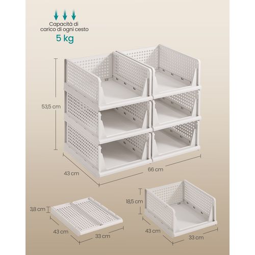 Organisateur D’armoire Pliable Lot De 6, Tiroir Coulissant Empilable, Panier, En Plastique, Blanc