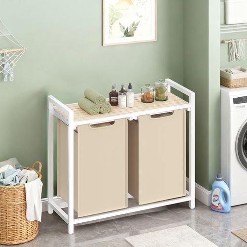 Panier à Linge 2 Compartiments, Avec Étagère De Rangement, Sac Amovible, Cadre En Métal, Beige