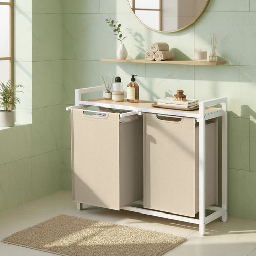 Panier à Linge 2 Compartiments, Avec Étagère De Rangement, Sac Amovible, Cadre En Métal, Beige