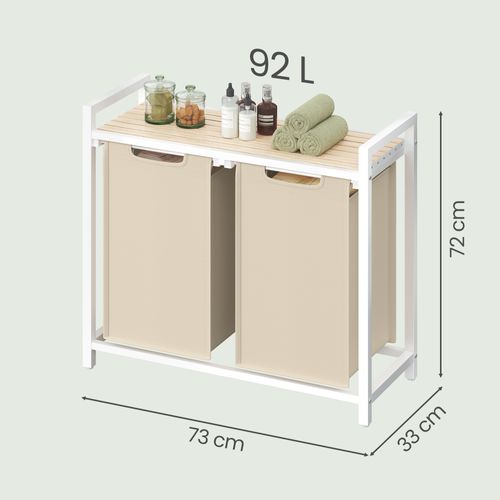 Panier à Linge 2 Compartiments, Avec Étagère De Rangement, Sac Amovible, Cadre En Métal, Beige