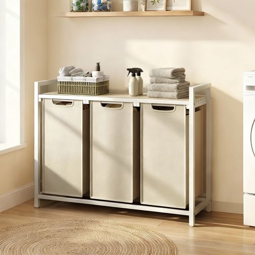 Panier à Linge 3 Compartiments, Avec Étagère De Rangement, Sac Amovible, 3 X 40 L, Beige