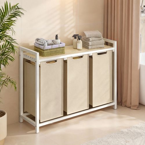 Panier à Linge 3 Compartiments, Avec Étagère De Rangement, Sac Amovible, 3 X 40 L, Beige