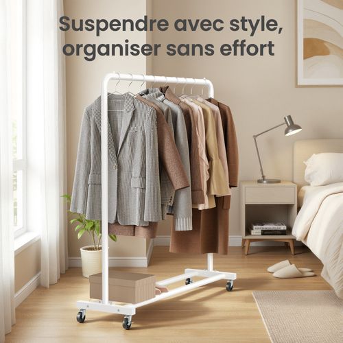 Portemanteau Sur Roulettes, Portant à Vêtements Robuste, Charge 50 Kg, Chambre, Blanc