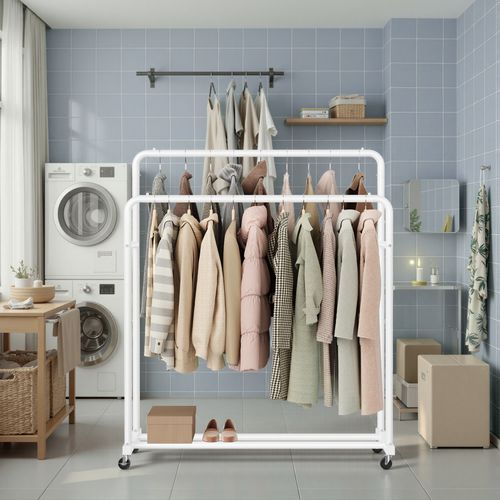 Portemanteau Sur Roulettes, Portant à Vêtements Robuste, Charge 90 Kg, Chambre, Blanc