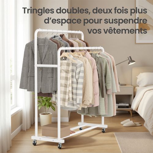 Portemanteau Sur Roulettes, Portant à Vêtements Robuste, Charge 90 Kg, Chambre, Blanc