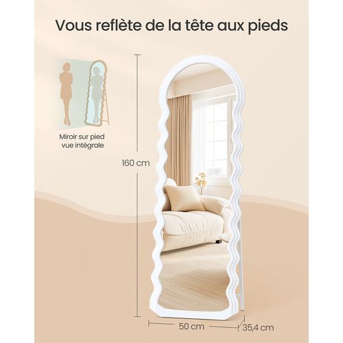 Miroir Complet, 160 X 50 Cm, Pied Pleine Longueur Ondulé Irrégulier , Cadre En Mdf,blanc Nuage