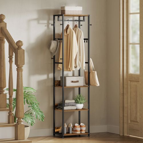 Portemanteau Avec Étagères, Crochets Et Tringle, Cadre En Acier, Pour Entrée, Noir Et Marron