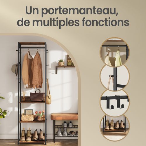 Portemanteau Avec Étagères, Crochets Et Tringle, Cadre En Acier, Pour Entrée, Noir Et Marron