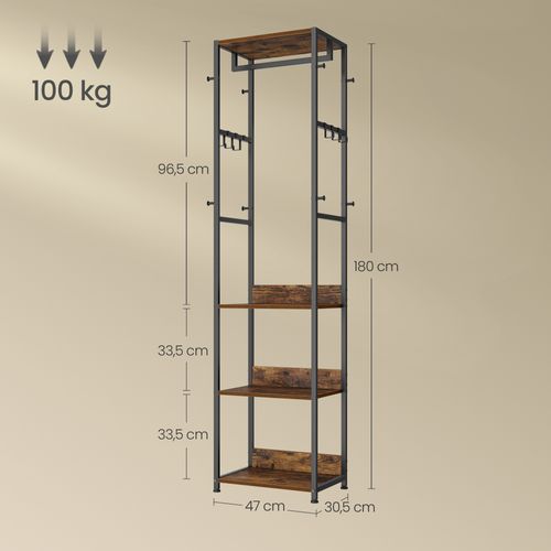 Portemanteau Avec Étagères, Crochets Et Tringle, Cadre En Acier, Pour Entrée, Noir Et Marron