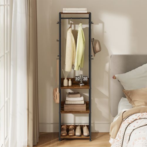 Portemanteau Avec Étagères, Crochets Et Tringle, Cadre En Acier, Pour Entrée, Noir Et Marron