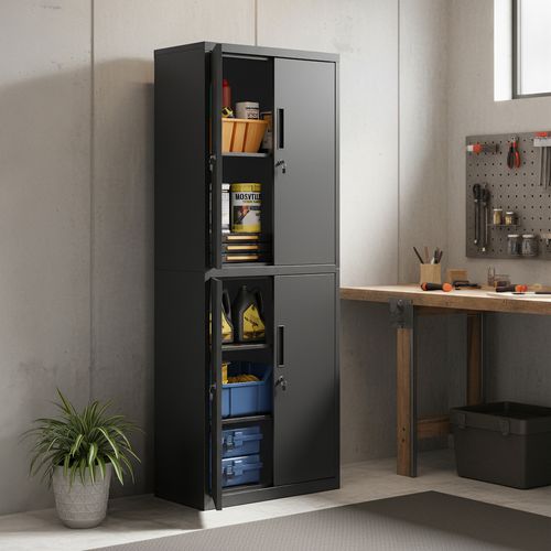 Armoire Pour Bureau, Atelier, Garage, Avec 5 Étagères Et 4 Portes, Étagères Réglables, Noir