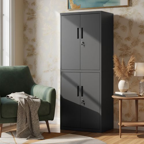 Armoire Pour Bureau, Atelier, Garage, Avec 5 Étagères Et 4 Portes, Étagères Réglables, Noir