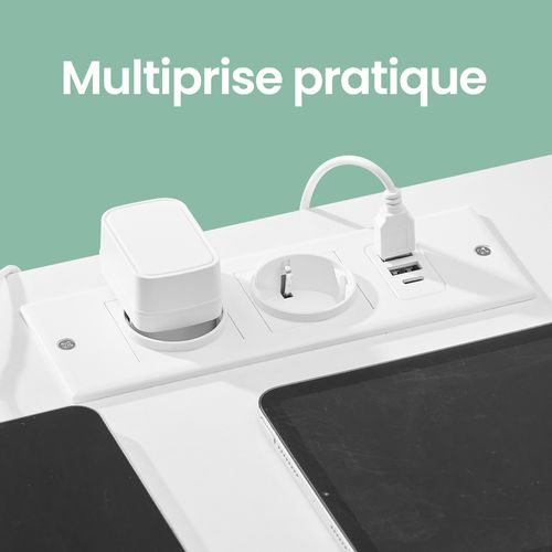 Table De Chevet Avec Éclairage LED Et Multiprise, 2 Tiroirs Et 1 Compartiment Ouvert, Blanc