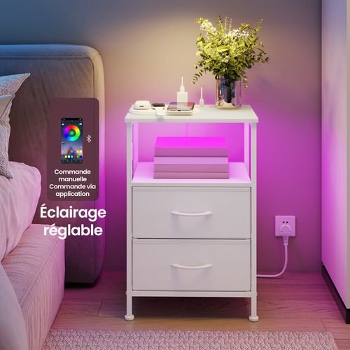 Table De Chevet Avec Éclairage LED Et Multiprise, 2 Tiroirs Et 1 Compartiment Ouvert, Blanc