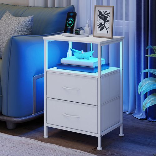 Table De Chevet Avec Éclairage LED Et Multiprise, 2 Tiroirs Et 1 Compartiment Ouvert, Blanc