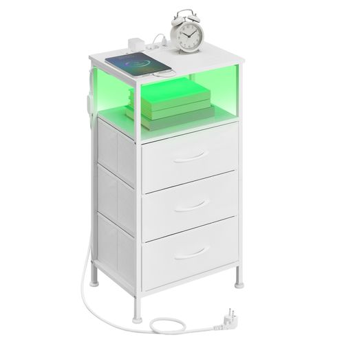 Table De Chevet Avec Éclairage LED Et Multiprise, 3 Tiroirs Et 1 Compartiment Ouvert, Blanc