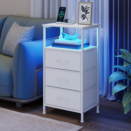 Table De Chevet Avec Éclairage LED Et Multiprise, 3 Tiroirs Et 1 Compartiment Ouvert, Blanc