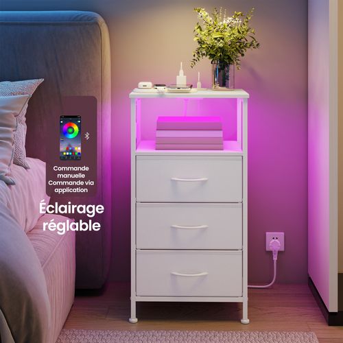 Table De Chevet Avec Éclairage LED Et Multiprise, 3 Tiroirs Et 1 Compartiment Ouvert, Blanc