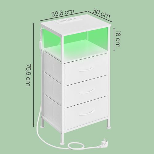 Table De Chevet Avec Éclairage LED Et Multiprise, 3 Tiroirs Et 1 Compartiment Ouvert, Blanc