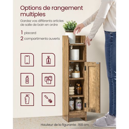 Meuble De Salle De Bain, Étagères Réglables, 20 X 18 X 80 Cm, Marron Miel