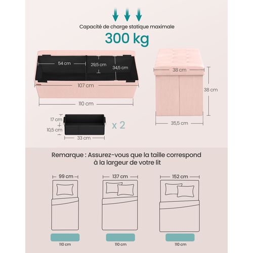 Banc De Rangement, 38 X 110 X 38 Cm, Rose Bonbon