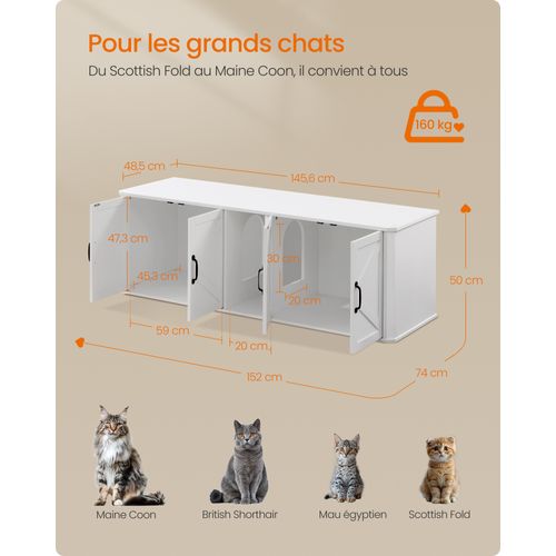 Cache-litière Pour 2 Chats, Entrée Frontale, 145,6 X 48,5 X 50 Cm, Blanc Nuage