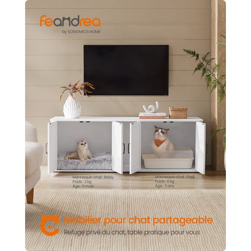 Cache-litière Pour 2 Chats, Entrée Frontale, 145,6 X 48,5 X 50 Cm, Blanc Nuage