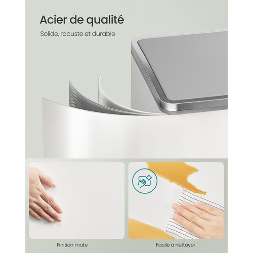 Poubelle à Double Compartiment 2 X 40 L, Avec 15 Sacs Poubelles, Pédales En Métal, Blanc Et Gris