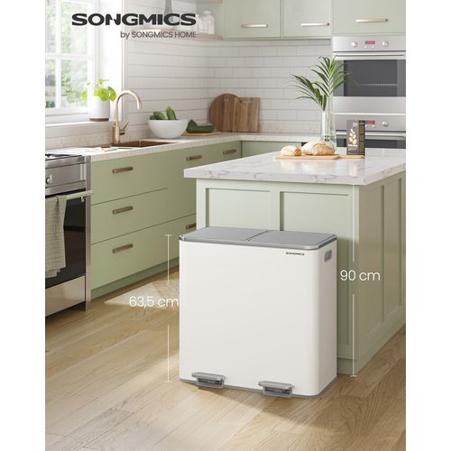 Poubelle à Double Compartiment 2 X 40 L, Avec 15 Sacs Poubelles, Pédales En Métal, Blanc Et Gris