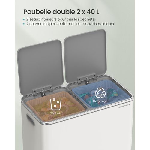 Poubelle à Double Compartiment 2 X 40 L, Avec 15 Sacs Poubelles, Pédales En Métal, Blanc Et Gris