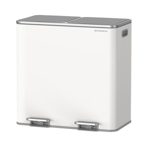 Poubelle à Double Compartiment 2 X 40 L, Avec 15 Sacs Poubelles, Pédales En Métal, Blanc Et Gris