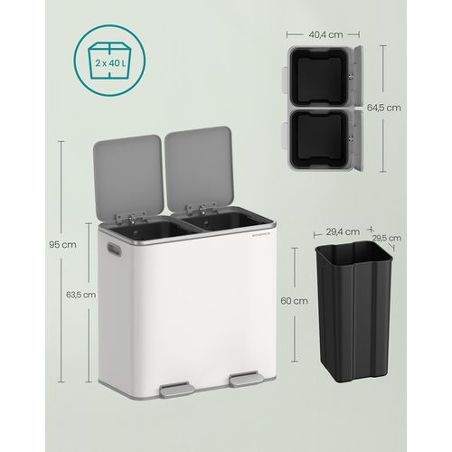 Poubelle à Double Compartiment 2 X 40 L, Avec 15 Sacs Poubelles, Pédales En Métal, Blanc Et Gris