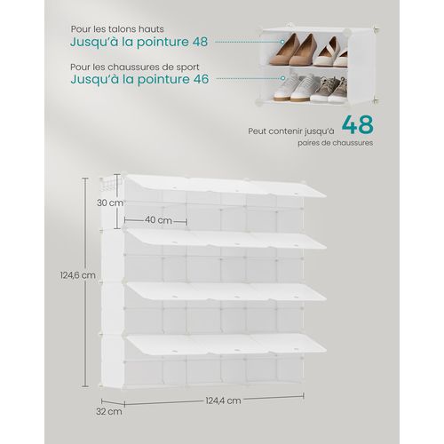Rangement Pour Chaussures à 12 Compartiments, Pour 48 Paires, Modulable, Blanc Nuage