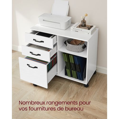 Caisson, Support D'imprimante Bureau, Avec 3 Tiroirs, Compartiments Ouverts, Blanc Boisé