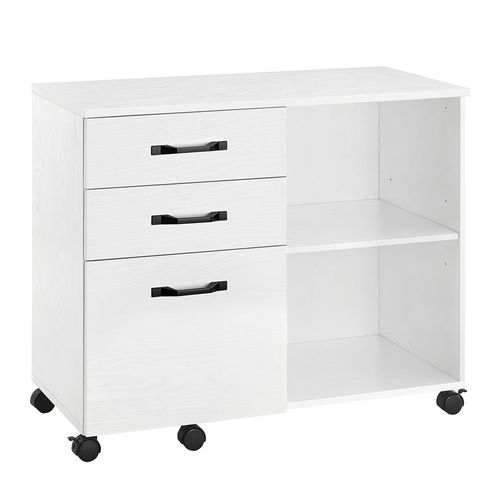 Caisson, Support D'imprimante Bureau, Avec 3 Tiroirs, Compartiments Ouverts, Blanc Boisé