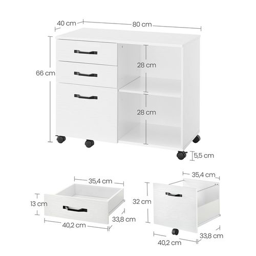 Caisson, Support D'imprimante Bureau, Avec 3 Tiroirs, Compartiments Ouverts, Blanc Boisé