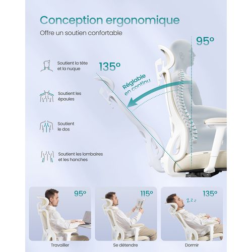Chaise De Bureau Ergonomique, Supporte Jusqu’à 150 Kg, Hauteur Réglable, Beige Sable