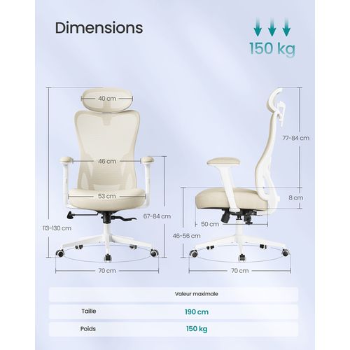 Chaise De Bureau Ergonomique, Supporte Jusqu’à 150 Kg, Hauteur Réglable, Beige Sable