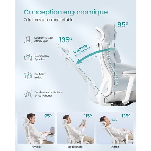 Chaise De Bureau Ergonomique, Supporte Jusqu’à 150 Kg, Hauteur Réglable, Gris Tourterelle