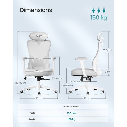 Chaise De Bureau Ergonomique, Supporte Jusqu’à 150 Kg, Hauteur Réglable, Gris Tourterelle