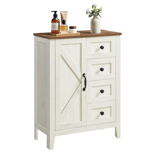 Meuble De Rangement, Armoire Salle De Bain, Avec 4 Tiroirs, Étagère Réglable, Blanc Rustique