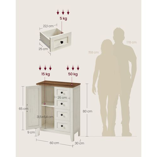 Meuble De Rangement, Armoire Salle De Bain, Avec 4 Tiroirs, Étagère Réglable, Blanc Rustique