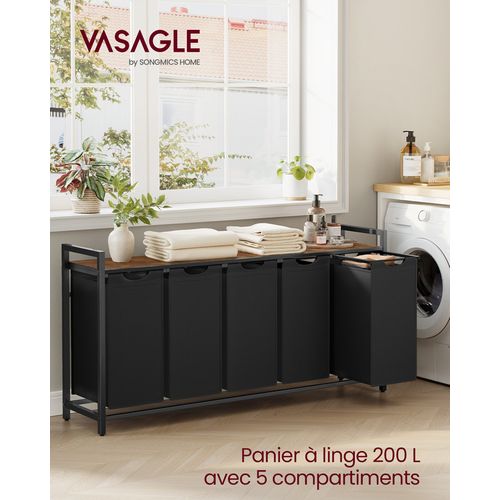 Panier à Linge, 5 Sacs Amovibles, 5 X 40 L, 143,5 X 33 X 72 Cm, Noir D'encre Et Marron Rustique
