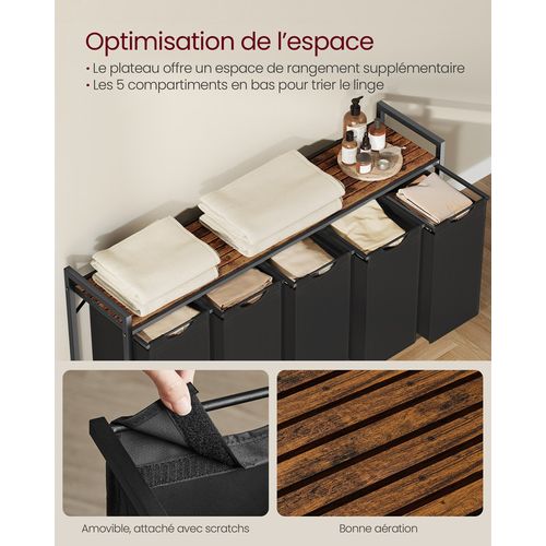 Panier à Linge, 5 Sacs Amovibles, 5 X 40 L, 143,5 X 33 X 72 Cm, Noir D'encre Et Marron Rustique