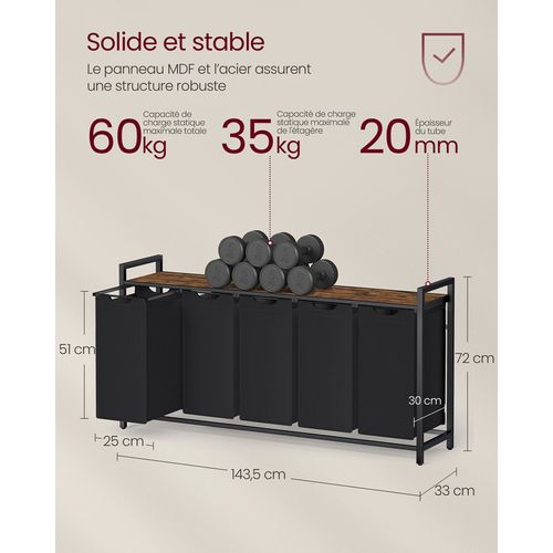 Panier à Linge, 5 Sacs Amovibles, 5 X 40 L, 143,5 X 33 X 72 Cm, Noir D'encre Et Marron Rustique