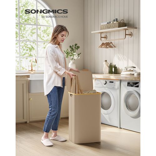 Panier à Linge Mince Avec Couvercle, 90l, Pliable, 42 X 32 X 70,5 Cm, Marron Camel