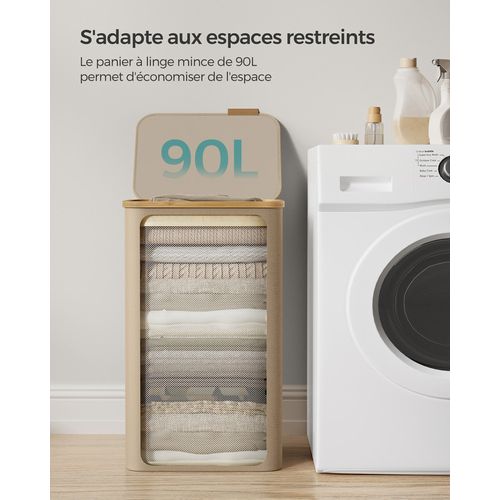 Panier à Linge Mince Avec Couvercle, 90l, Pliable, 42 X 32 X 70,5 Cm, Marron Camel