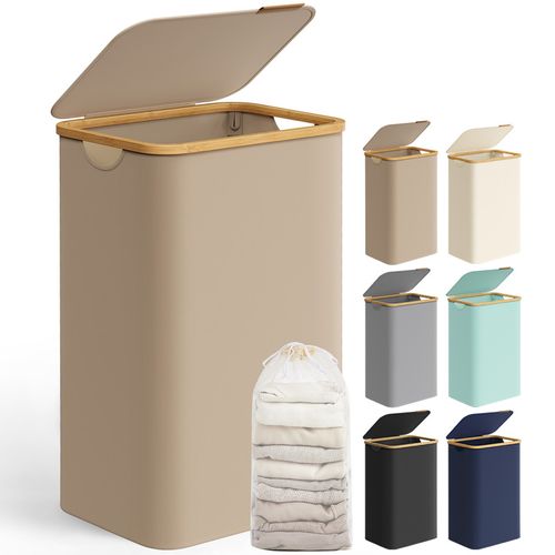 Panier à Linge Mince Avec Couvercle, 90l, Pliable, 42 X 32 X 70,5 Cm, Marron Camel