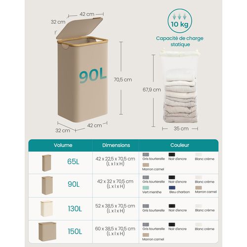 Panier à Linge Mince Avec Couvercle, 90l, Pliable, 42 X 32 X 70,5 Cm, Marron Camel