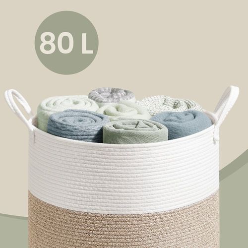 Panier à Linge, Volume 80 L, Corde En Coton, Avec Poignées, Chambre D'enfant, Blanc Et Gris